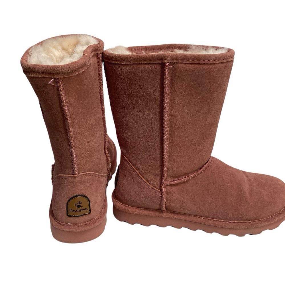 Bear Paw Emma ?  Pink Short Suede Pull On Booties Size 8 Sherpa Flat Winter Snow